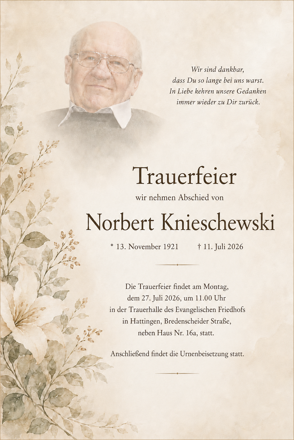 Trauerkarte für Norbert Knieschewski